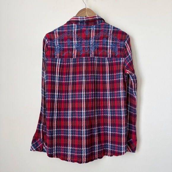 Free People Magical Plaid Shirt XS Embroidered Red Blue - Picture 5 of 8